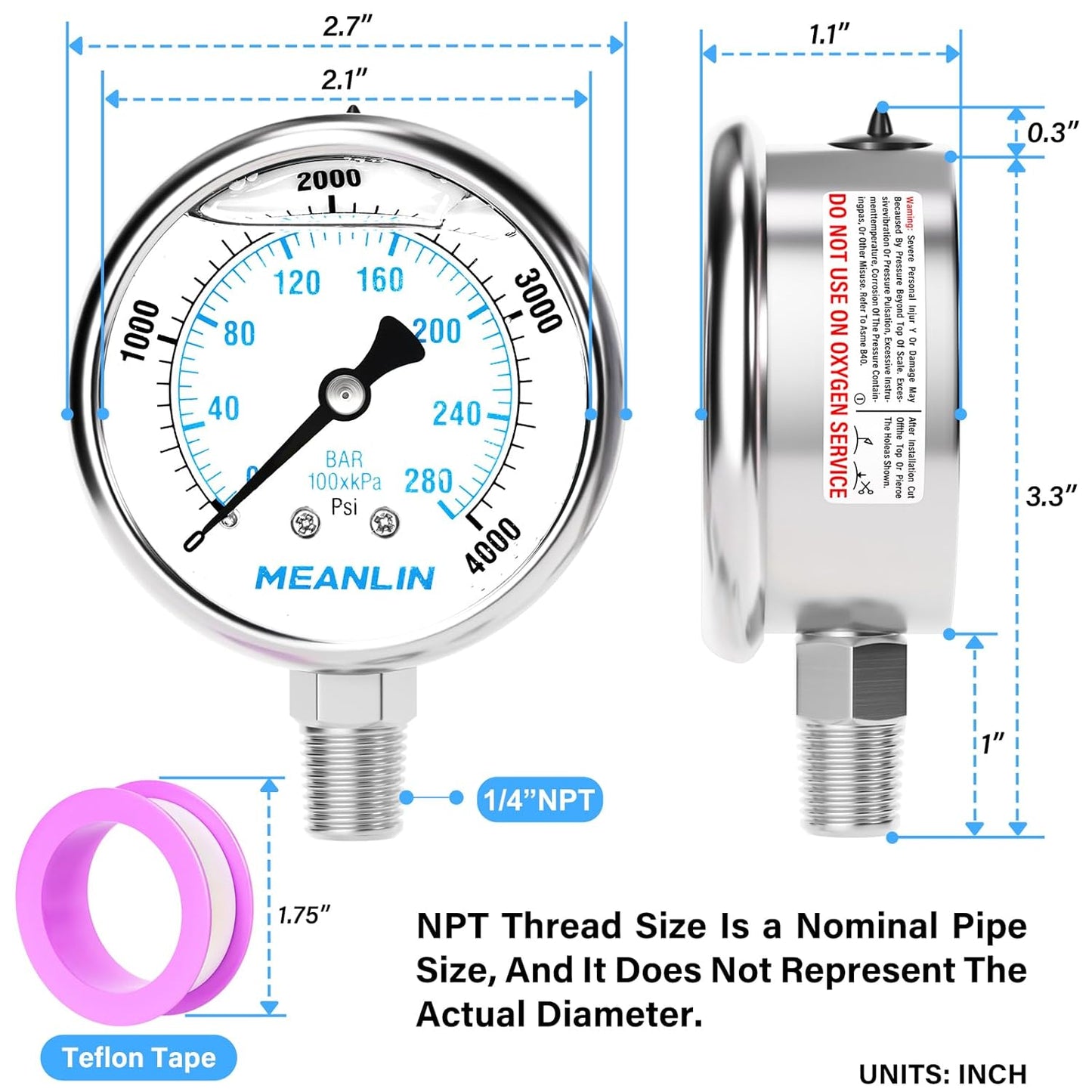 MEANLIN MEASURE 0~4000Psi Liquid Filled Pressure Gauge Stainless Steel with 316 Stainless Steel Joint 1/4" NPT 2.5" FACE DIAL for WOG Water Oil Air Lower Mount