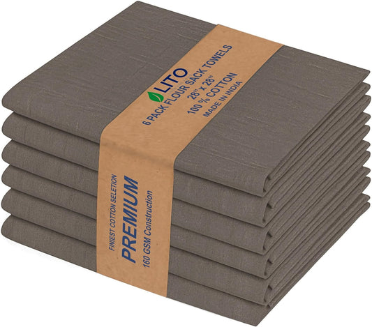 Flour Sack Dish Towels for Kitchen Set of 6 (28"x28") 100% Cotton Bread Dough Proofing Highly Absorbent Hand Towel, Thick Baking Cloth for Baguettes, Ciabatta, Pastry Reusable Tea Towels - Charcoal