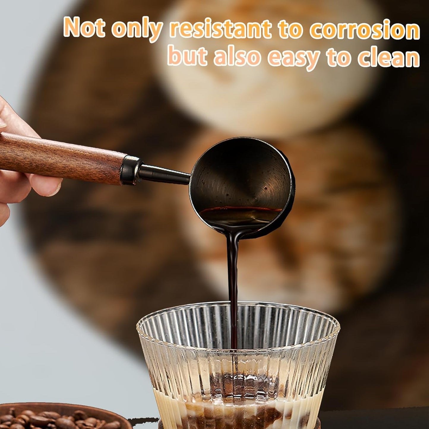 1pcs Coffee Scoop for Ground Coffee, Beans and Tea，Vintage Coffee Measuring Spoon with Long Wooden Handle 30ml/10g Capacity 304 Stainless Steel（Black)