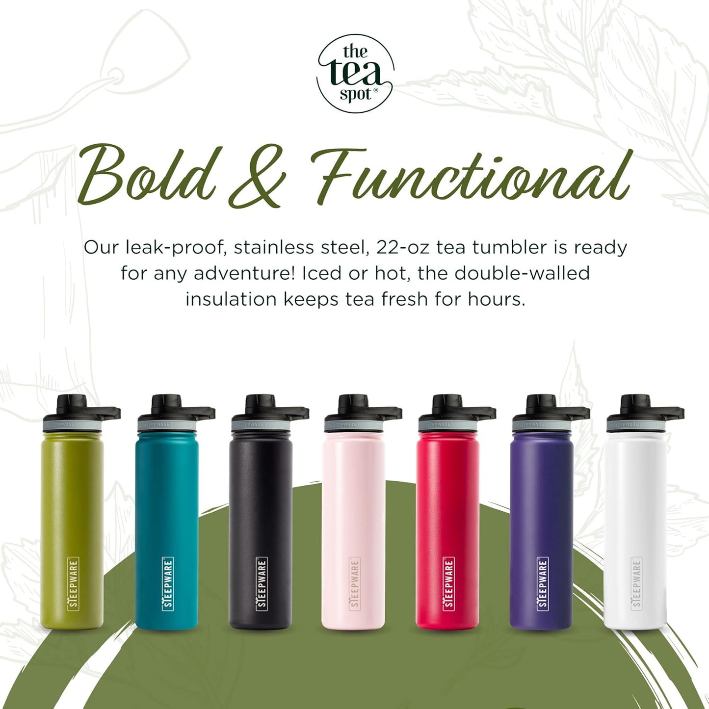 The Tea Spot Steepware Tea Tumbler,Tea Thermos, 22oz, Fog Grey- Travel Bottle with Tea Infuser for Loose Leaf Tea or Iced Coffee - Sleek Double-Walled Insulated Bottle