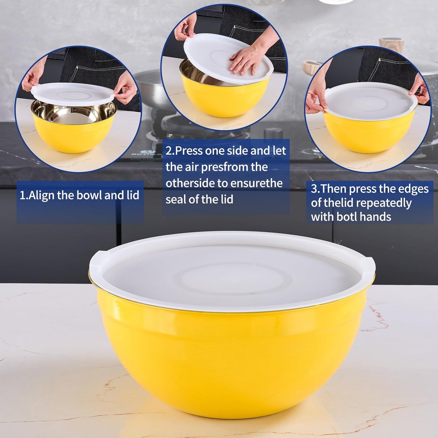 Yellow Mixing Bowls With Airtight Lids,Stainless Steel Bowl,Salad Bowls 7 Piece Colorful Nesting Bowl Yellow Kitchen Accessories,Size 7,3.6,2.7,2.1,1.5,1.1,0.8QT Stackable Design