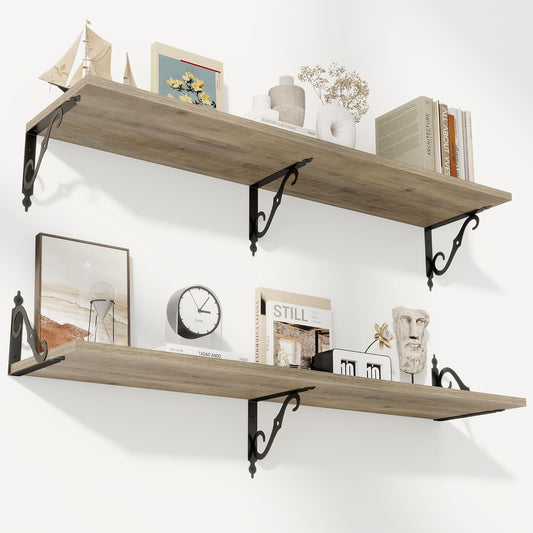 RICHFOCUS 12 Inch Deep Floating Shelves for Wall, 48" W x 12" D Wood Wall Shelves Set of 2, Wide Floating Shelves for Living Room, Bedroom, Kitchen, Bathroom and Decor Storage, Grey