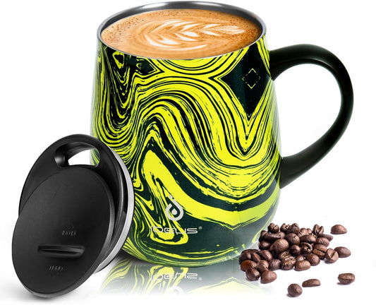 Ideus 16 oz (470 ml) Insulated Coffee Mug with Handle and Lid, Double Wall Stainless Steel Vacuum Thermal Coffee Mug, Travel Coffee Cup Thermal Cup for Home and Office (Yellow Zebra)