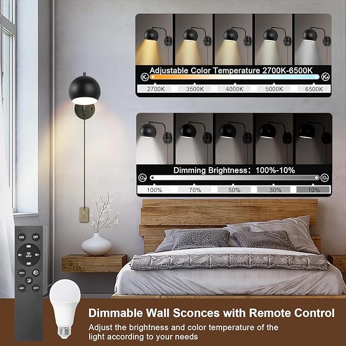 VATONI Wall Sconce with Remote Control, Dimmable Plug in Wall Sconces and - Image 2