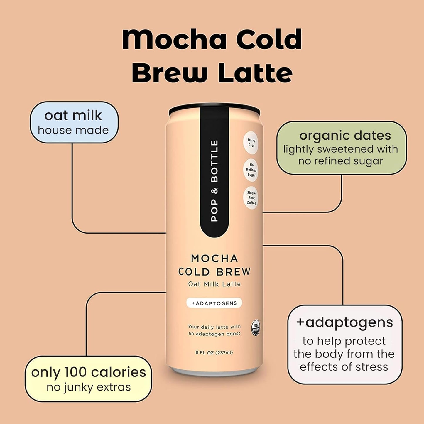 Pop & Bottle, Oat Milk Lattes - Cold Brew with Adaptogens, Maca, Ashwagandha, MCT Oil, Oat Milk, Organic, Dairy Free, Gluten Free, Great as Iced Coffee, Lightly Sweetened with Dates - Mocha, 8 Fl Oz (12 Pack)