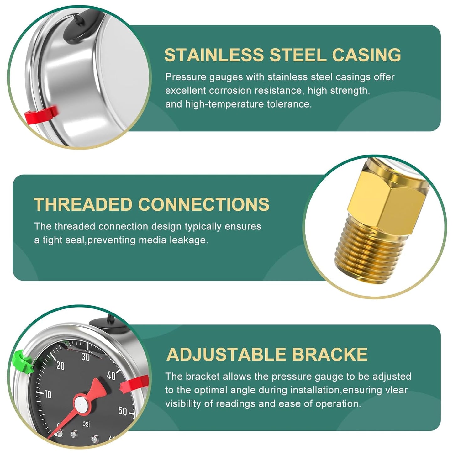 0-60PSI Stainless Steel Glycerin Filled Pressure Gauge 1.5" Black Dial Size, 1/8" NPT Back Mount, for Tube, Water Pump, Gas, Liquid, Pressure Test (with Range Mark Pointer)