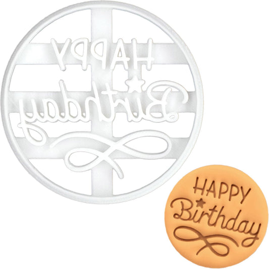 BAKERLOGY Happy Birthday Cookie Cutter - Round Biscuit Embosser for Celebration Baking, Detailed Fondant Stamp for Cakes, Cupcakes, Dough, and Clay