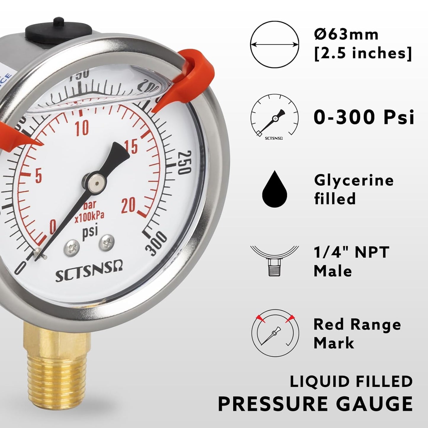 0 to 300 Psi Pressure Gauge, Glycerin Liquid Filled, 2.5 inch Dial, 1/4" NPT Lower Mount, Stainless Steel Case, for Regulator, Air Compressor, Water System, HVAC, Hydraulic, Pressure Test