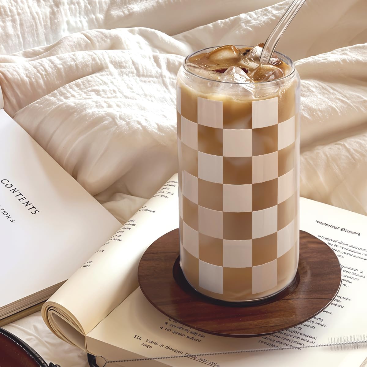 SANDJEST Checkerboard Glass Can, Beige Checker Cup with Lid & Straw, Iced Coffee Aesthetic Cups, Gift for Christmas Birthday Mother Day, Gifts for Women, 16oz