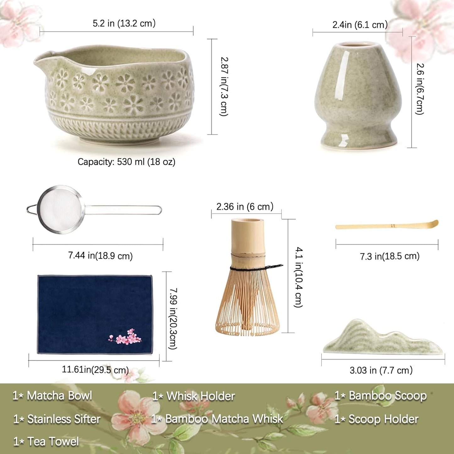 Matcha Whisk Set, Ceramic Matcha Set Includes Matcha Bowl, Matcha Whisk and Holder, Bamboo Scoop, Scoop Rest, Sifter and Tea Towel - 7 Pcs Matcha Kit for Matcha Lovers (Mottled Green)