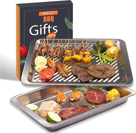Grilling Prep and Serve Trays, Set of 2 Stackable Stainless Steel BBQ Trays Marinating Tray Serving Platter for Plating Food BBQ Prep Tub for Marinating Meats, Grill Accessories