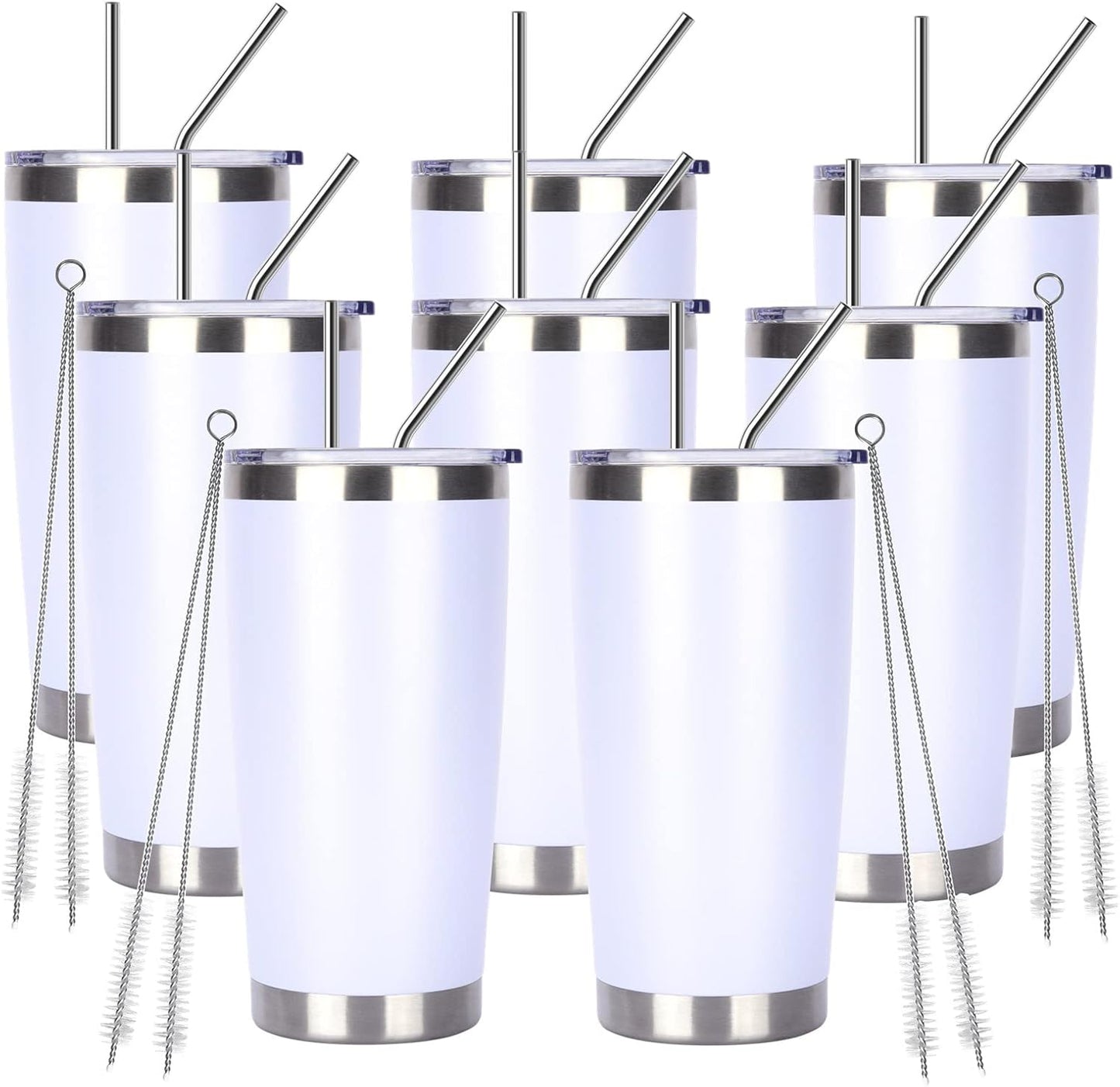 Pandance 20oz Stainless Steel Insulated Tumblers with Lid and Straw Bulk, Double Wall Vacuum Water Cups for Hot & Iced Coffee Drinks Travel Mug (White, 8 pack)