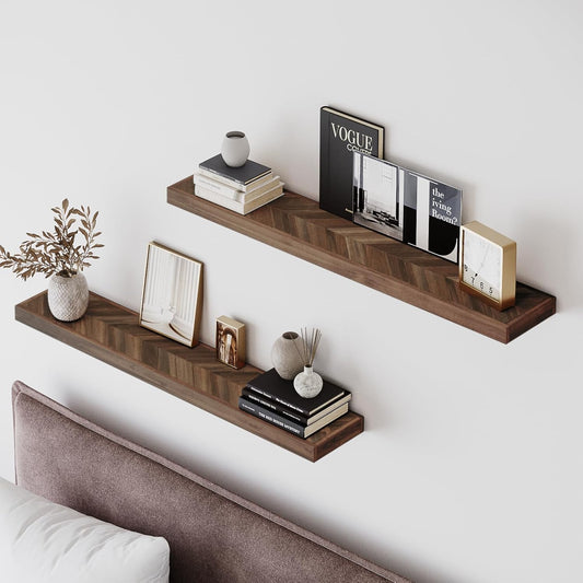 36" Acacia Chevron Floating Shelves Set of 2 - Wall Mounted Wooden Shelf for Stylish Home Décor - Dark Walnut Color - 36x6.7x1.5 Inches