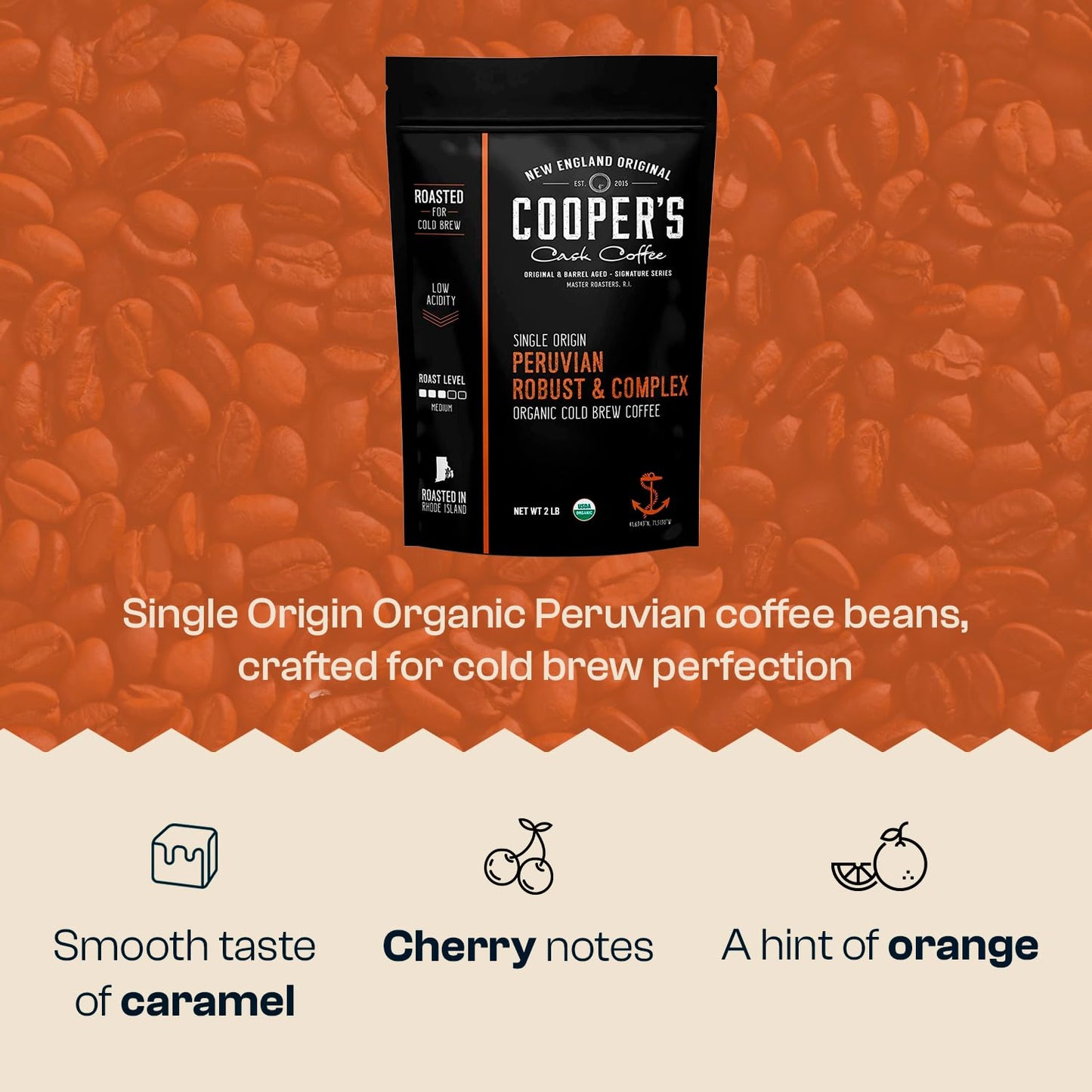 Organic Cold Brew Coffee Peru Reserve Single Origin Peruvian Coarsely Whole Bean - 2 lb. Bag - Medium Roast