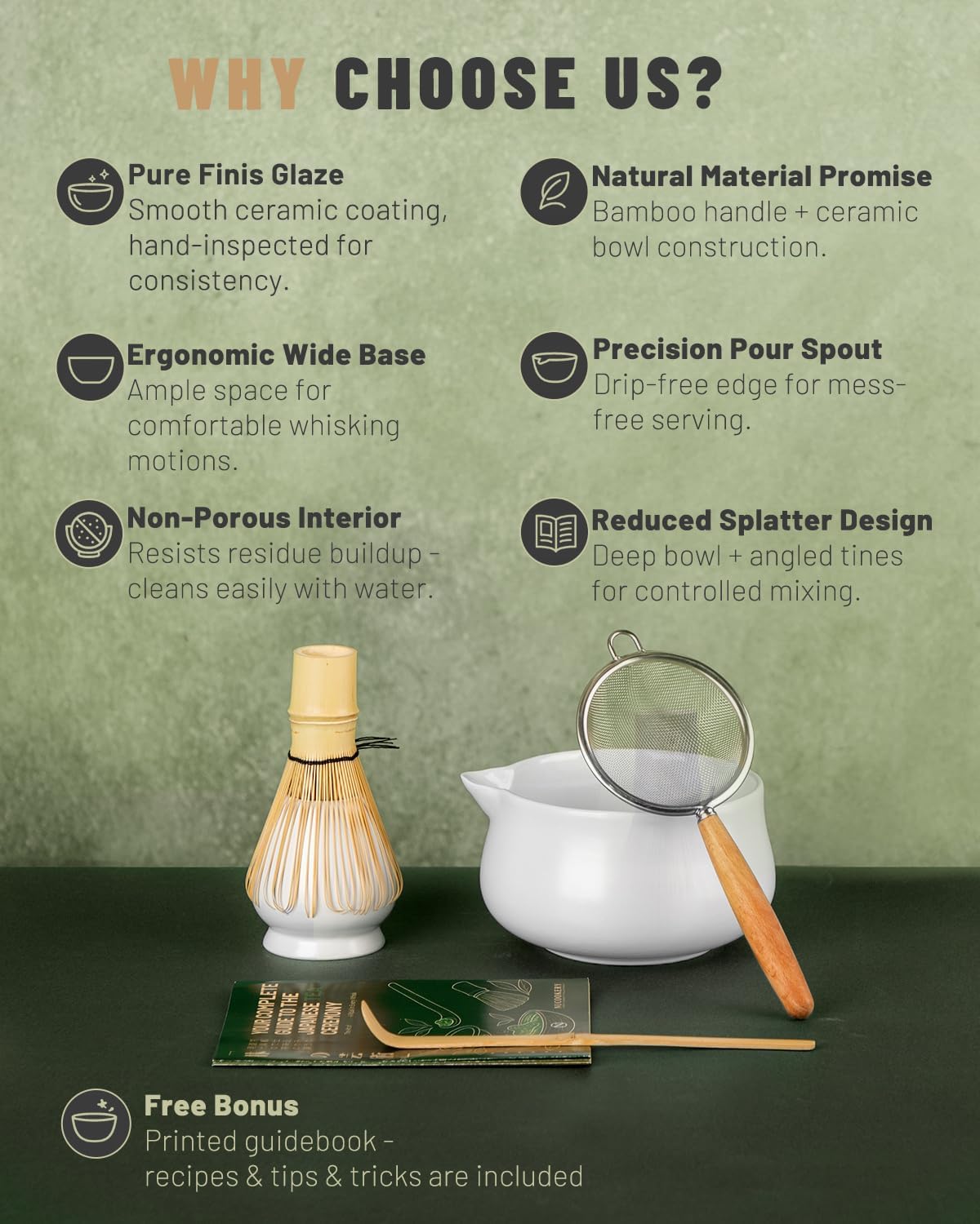 Nucookery Matcha Set - 5PCS Matcha Whisk Set, 18OZ Matcha Bowl (Chawan) with Spout, Matcha Whisk (Chasen) and Holder, Bamboo Matcha Scoop and Sifter, Matcha Kit/Tools/Accessories for Tea Ceremony