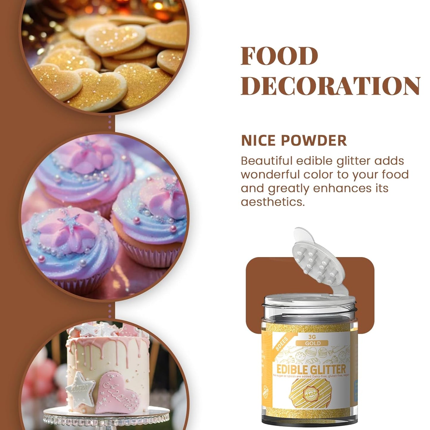 Edible Glitter Set - 4 Colors Food Grade Edible Drink Glitter for Cake Strawberries Drink Dust Shimmering, Vegan Food Coloring Sprinkle for Chocolates, Fondant Pops (3g per Bottle)