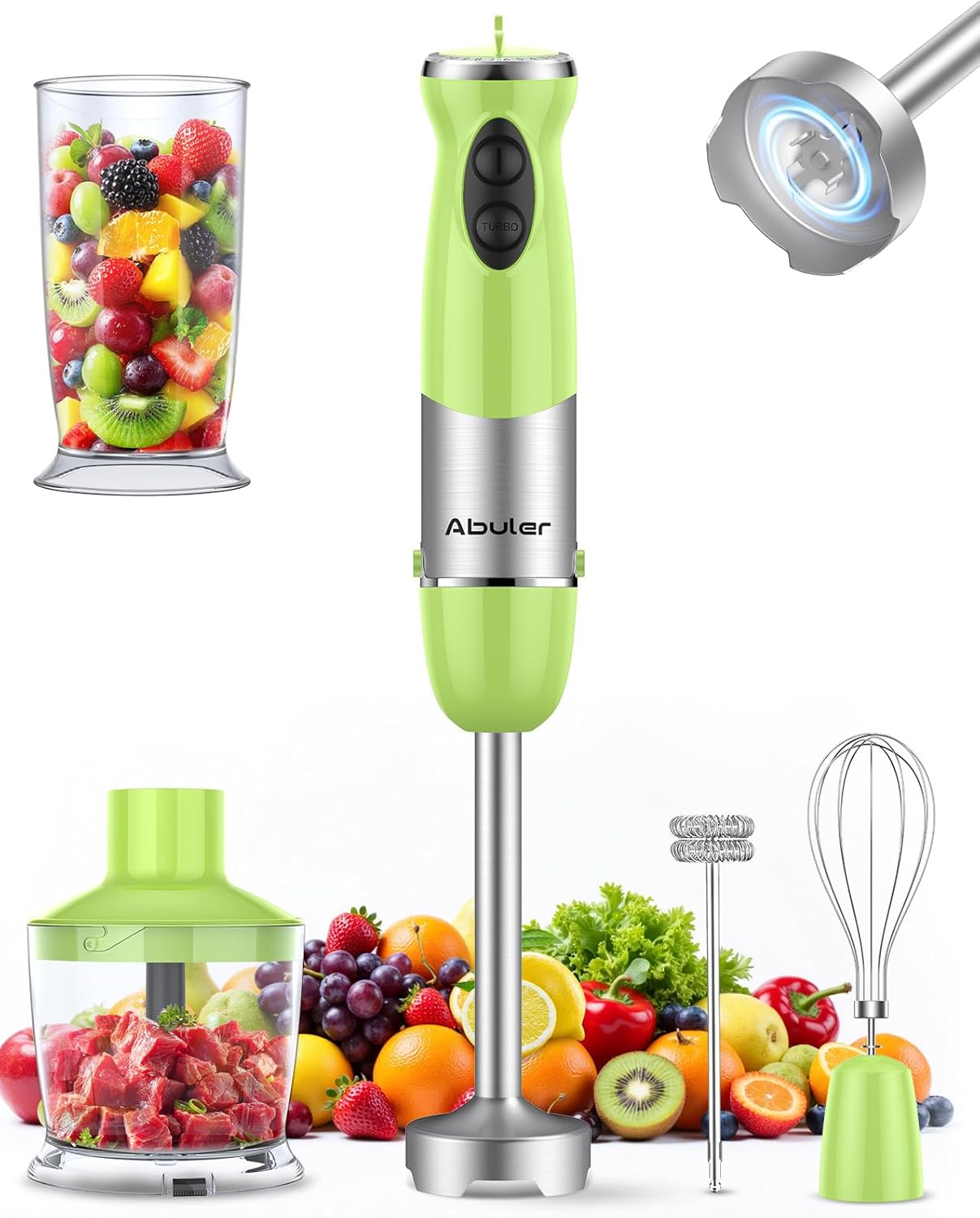 Immersion Blender Handheld 1000W 5 in 1 Corded Stick Hand Blender Kitchen with 12 Speed, BPA-Free, Mixing Beaker, Chopper, Whisk, Milk Frother, Perfect Emulsifier for Soup, Baby Food, Sauce, Puree