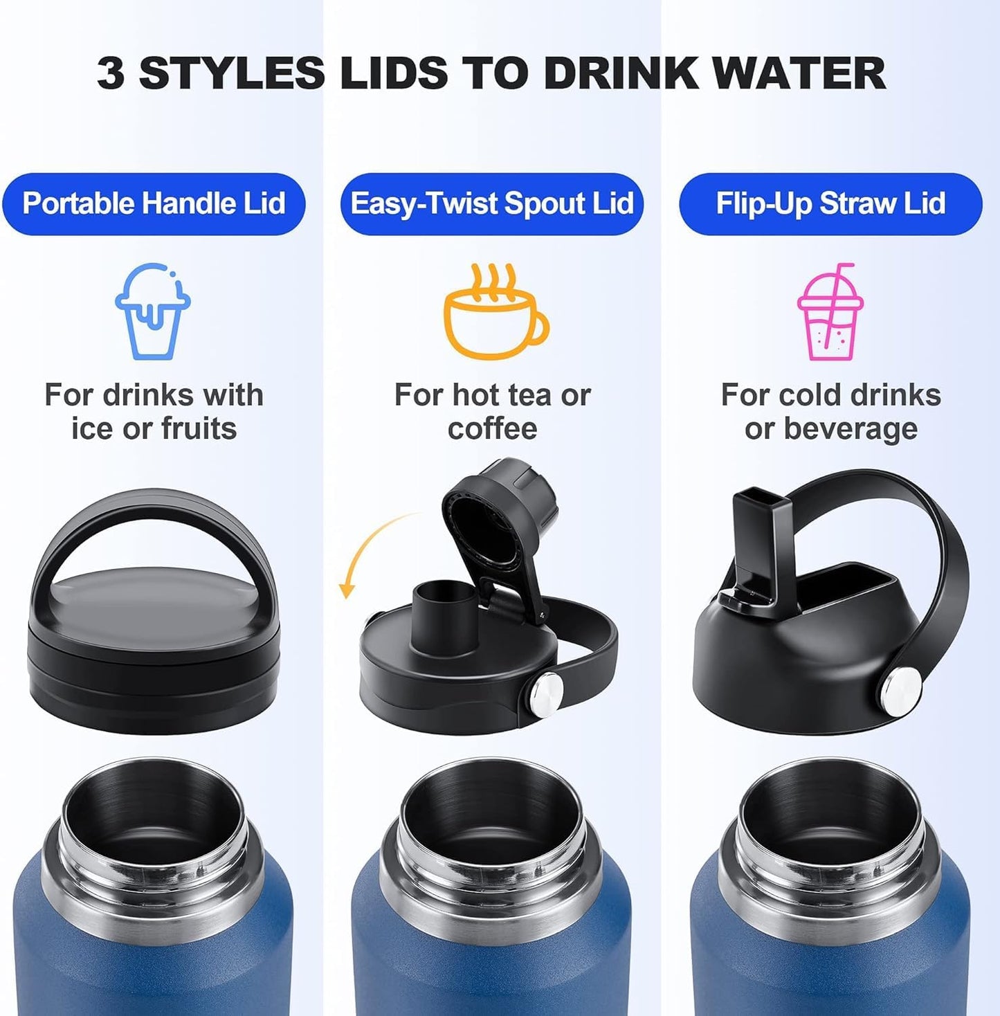 HYDROWION Water Bottle Stainless Steel,Vacuum Insulated Leak Proof Tumbler 32oz with Straw Lid, Spout Lid and Flex Cap(Cold for 48 Hrs, Hot for 24 Hrs), Fit in Any Car Cup Holder, Mint - Black