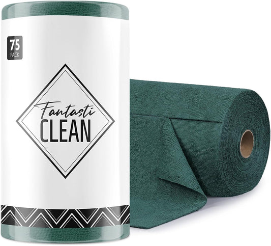 Fantasticlean Microfiber Cleaning Cloth Roll -75 Pack, Tear Away Microfiber Towels, 12" x 12", Reusable, Washable, Scratch Free, Ultra Absorbent for Car, Home Supplies (Forest Green)