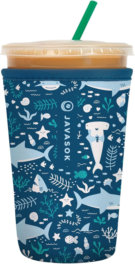 Sok It JavaSok Iced Coffee & Cold Soda Insulated Neoprene Cup Sleeve (Happy Sharks, Medium: 22-28oz)