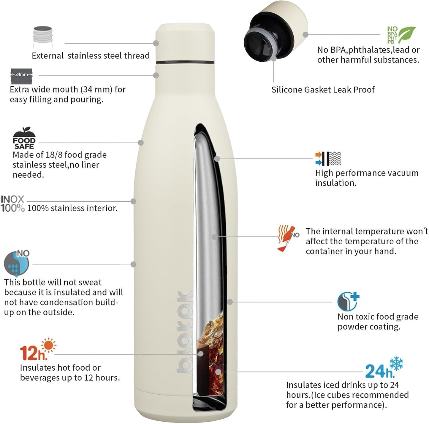 BJPKPK 25oz Insulated Water Bottle Double Wall Vacuum Insulated Stainless Steel Water Bottles for Spots Keep Cold and Hot,Beige