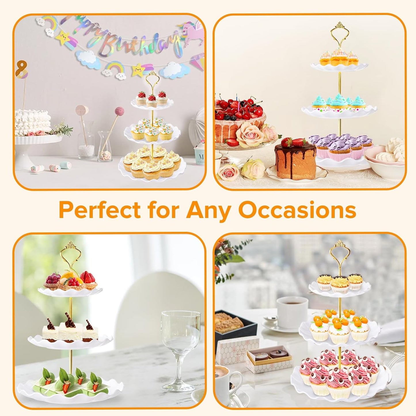 Hoedia 3 Tier Cupcake Stand Tower, Plastic White Cup Cake Holder for Dessert stands, Tiered Serving Tray for Tea Party, Birthday Party, Wedding Decor and Baby Shower(Round Wave)