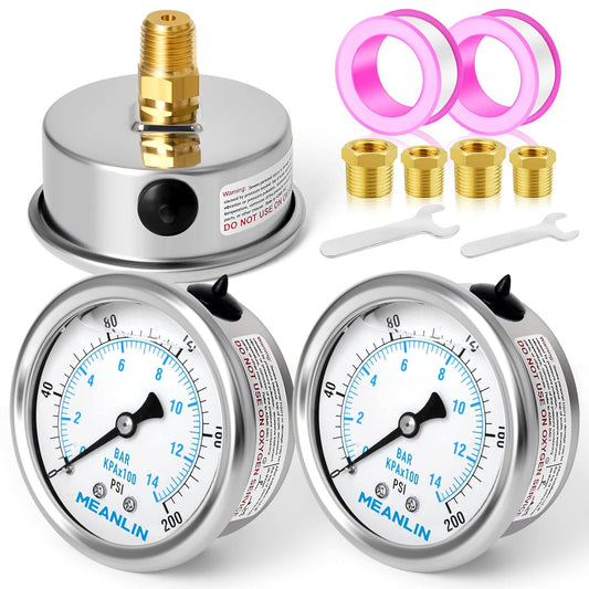 MEANLIN MEASURE 0~200Psi Stainless Steel 1/4" NPT 2.5" FACE DIAL Liquid Filled Pressure Gauge WOG Water Oil Air Back Mount (Pack of 2), with 1/2" NPT and 3/8" NPT Hex Bushing