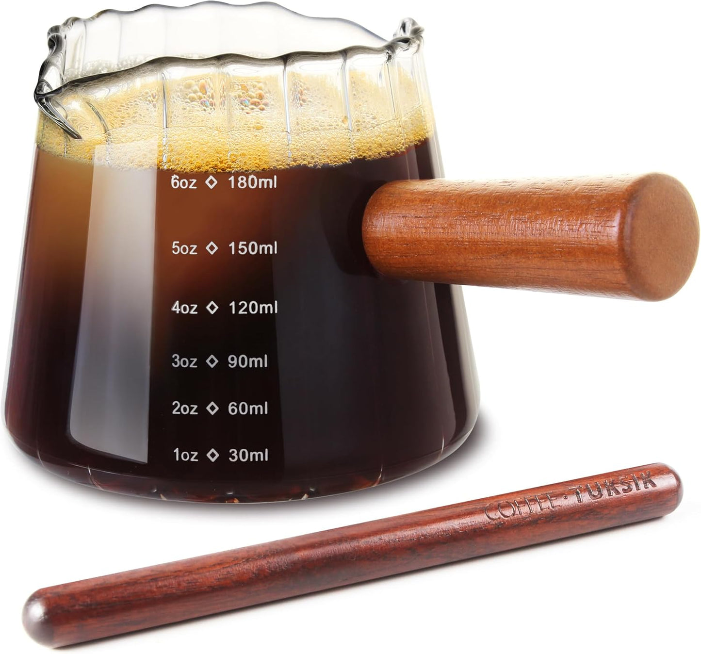 Double V-Spout Espresso Shots Cup (6OZ) with Wooden Handle - Left & Right Handed | Milk Frothing Pitcher & Measuring Cup | Espresso Accessories Set with Bonus Walnut Stirrer