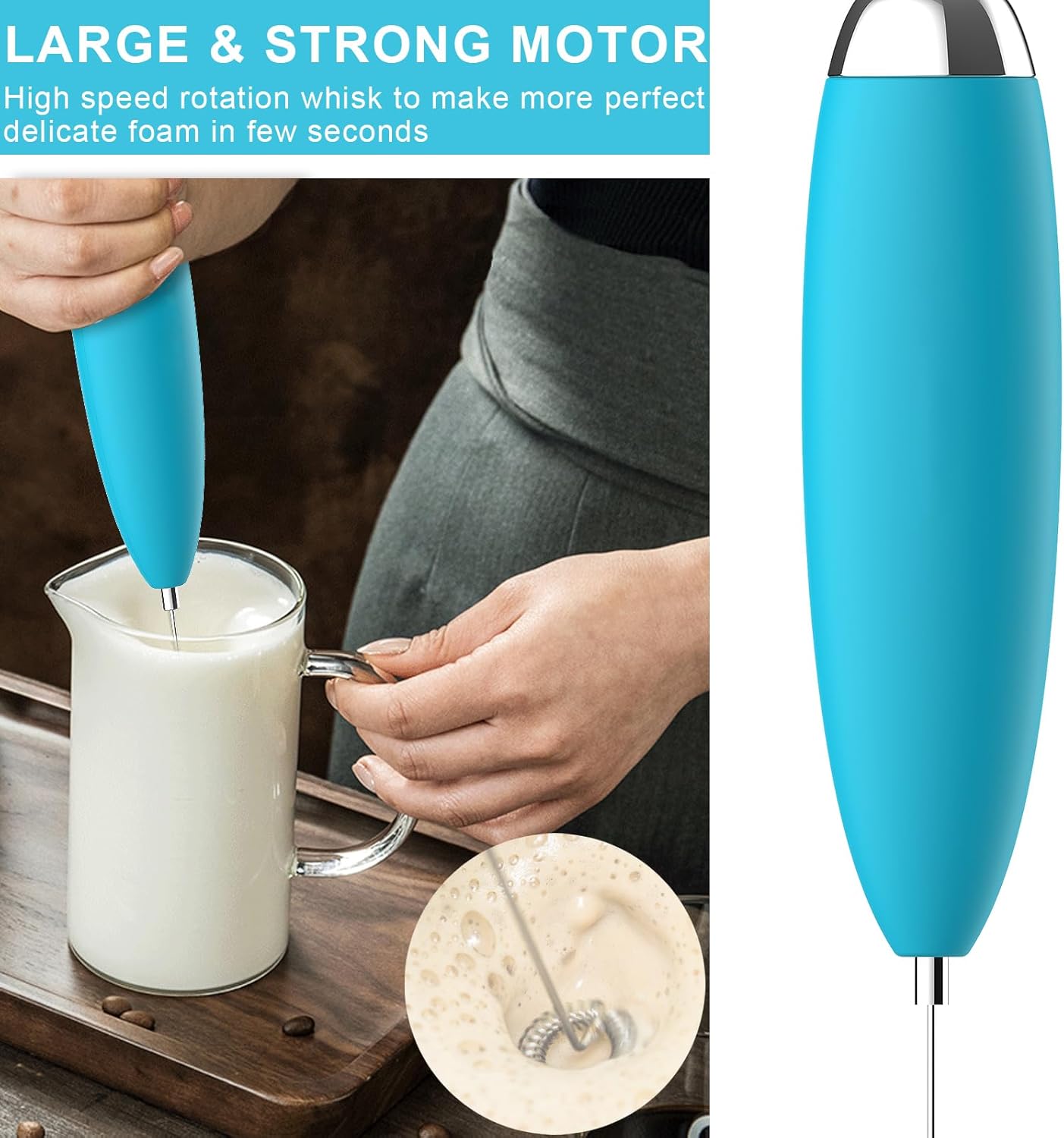 Milk Frother, Coffee Frother, Whisk, Upgraded Motor Electric Whisk Durable Low Noise Mini Drink Mixer Portable Foam Maker For Cold Milk Bulletproof Coffee Latte, Blue