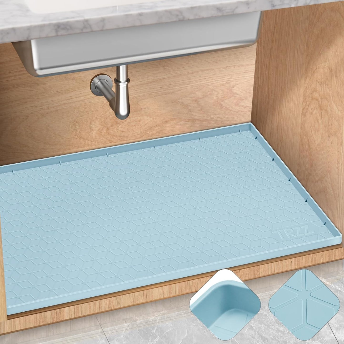 TRZZ Silicone Waterproof Under Sink Mat 31" x 22", Drip Tray and Cabinet Liner for Kitchen and Bathroom, Prevents Water Damage and Organizes Cabinets (Light Blue)