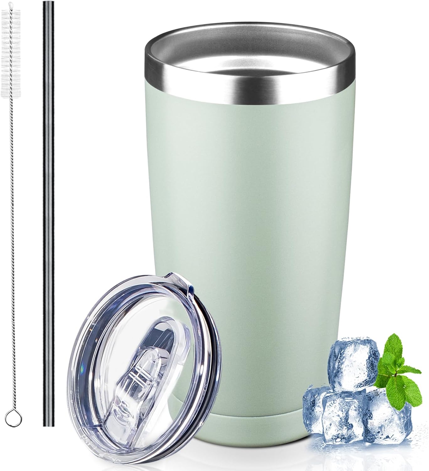 20 oz Tumbler with Lids and Straws, Stainless Steel Insulated Coffee Tumbler, Double Wall Vacuum Insulated Travel Mug Cup, Leakproof Thermal Coffee Cup for Hot and Cold Drinks (green tea)