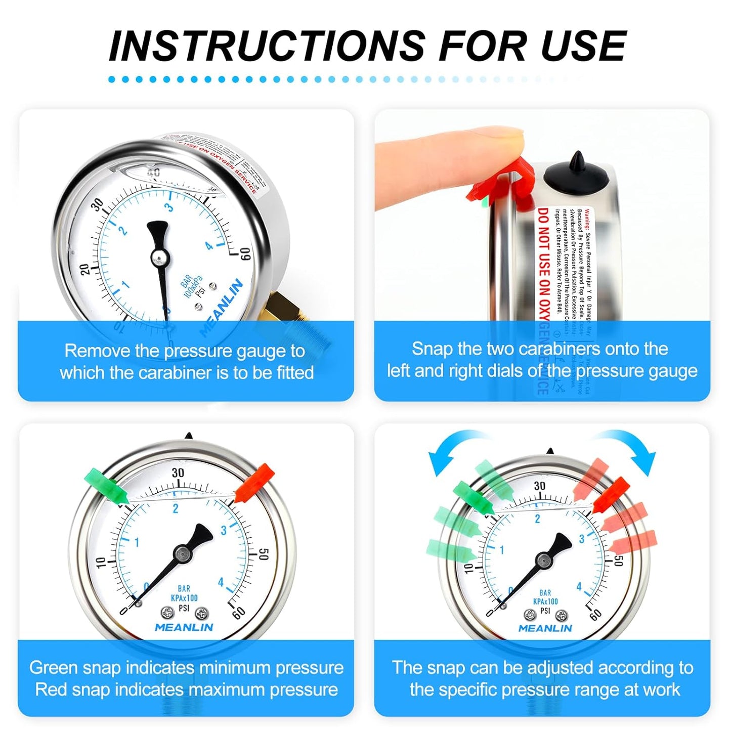 MEANLIN MEASURE 0~60Psi Liquid Filled Pressure Gauge 1/4" NPT 2.5" FACE DIAL Stainless Steel Glycerin Filled WOG Water Oil Air Lower Mount (with 2PCS Snaps)