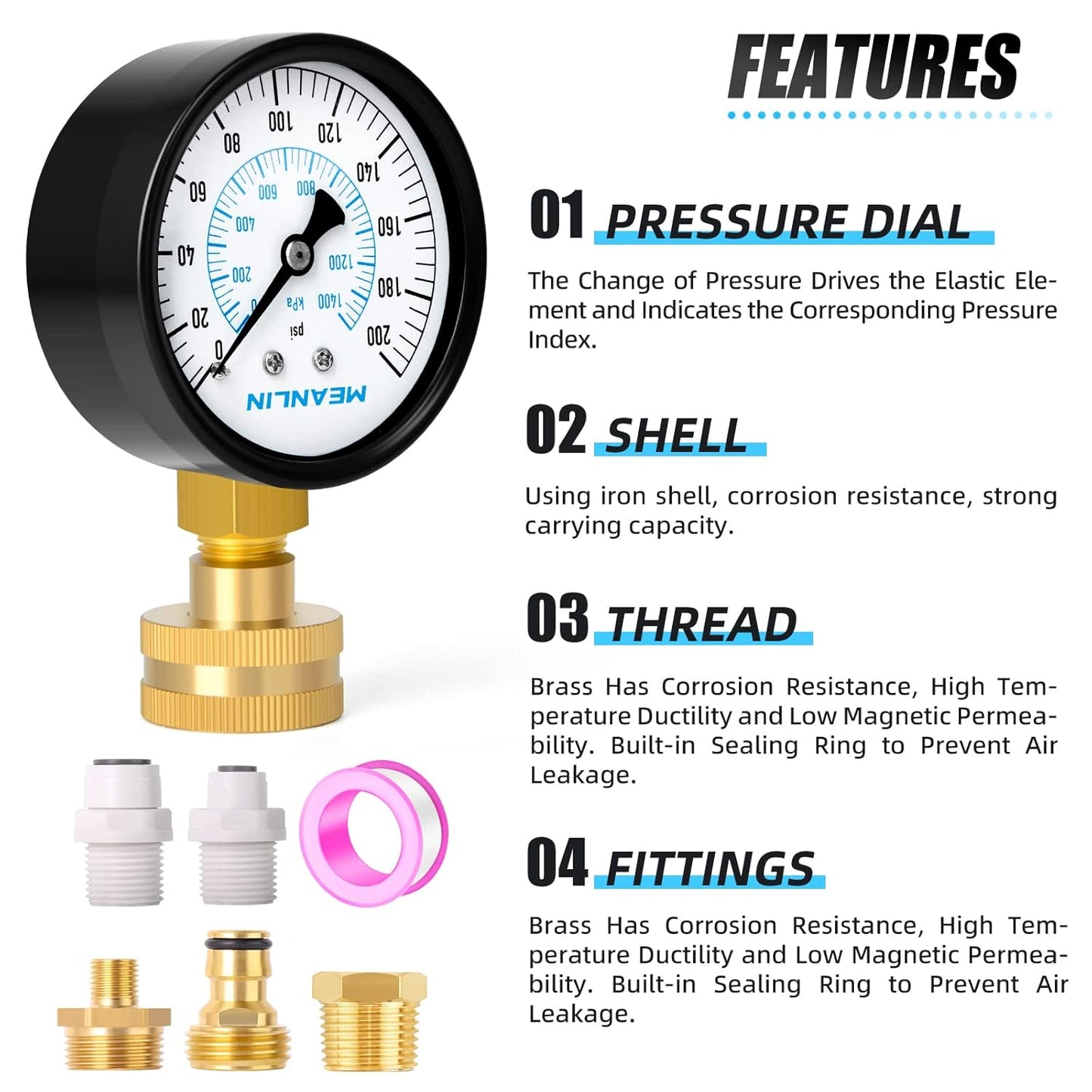 MEANLIN MEASURE 0~200Psi 3/4" Female Water Pressure kit Plus 5 adapters, 2.5" FACE DIAL Multi-Purpose Pressure Gauge kit, Hydraulic Tester,Suitable for Gardens, Water Pipes, etc
