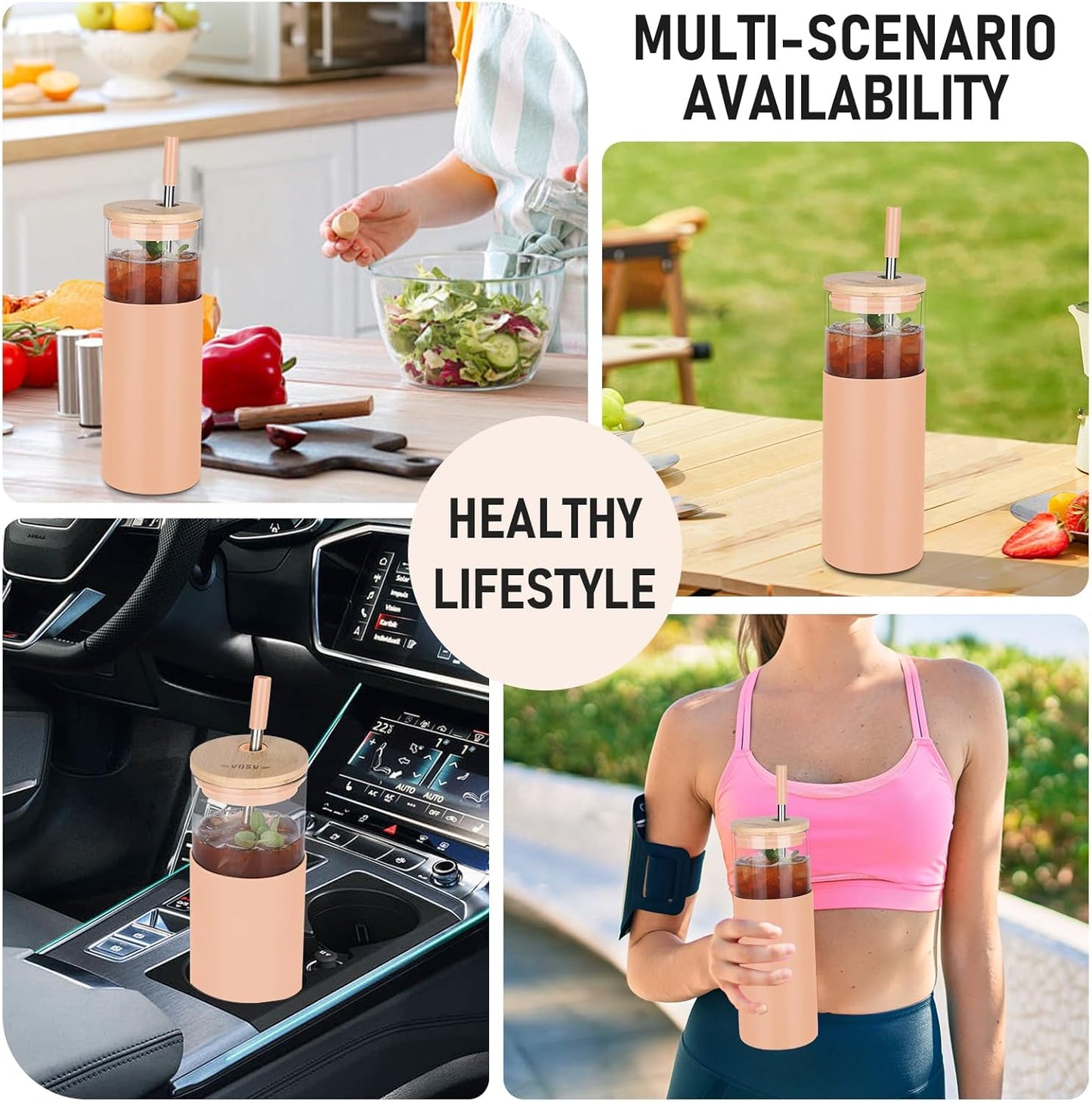 Glass Tumbler w/Lids & Straw:24oz Reusable Mug w/Bamboo Lid,Stainless Steel Straw, BPA-Free, Leak-Proof, Dishwasher Safe for Coffee, Smoothies, Hot Beverages,Travel,Office,Home Use,4-PK,Amber