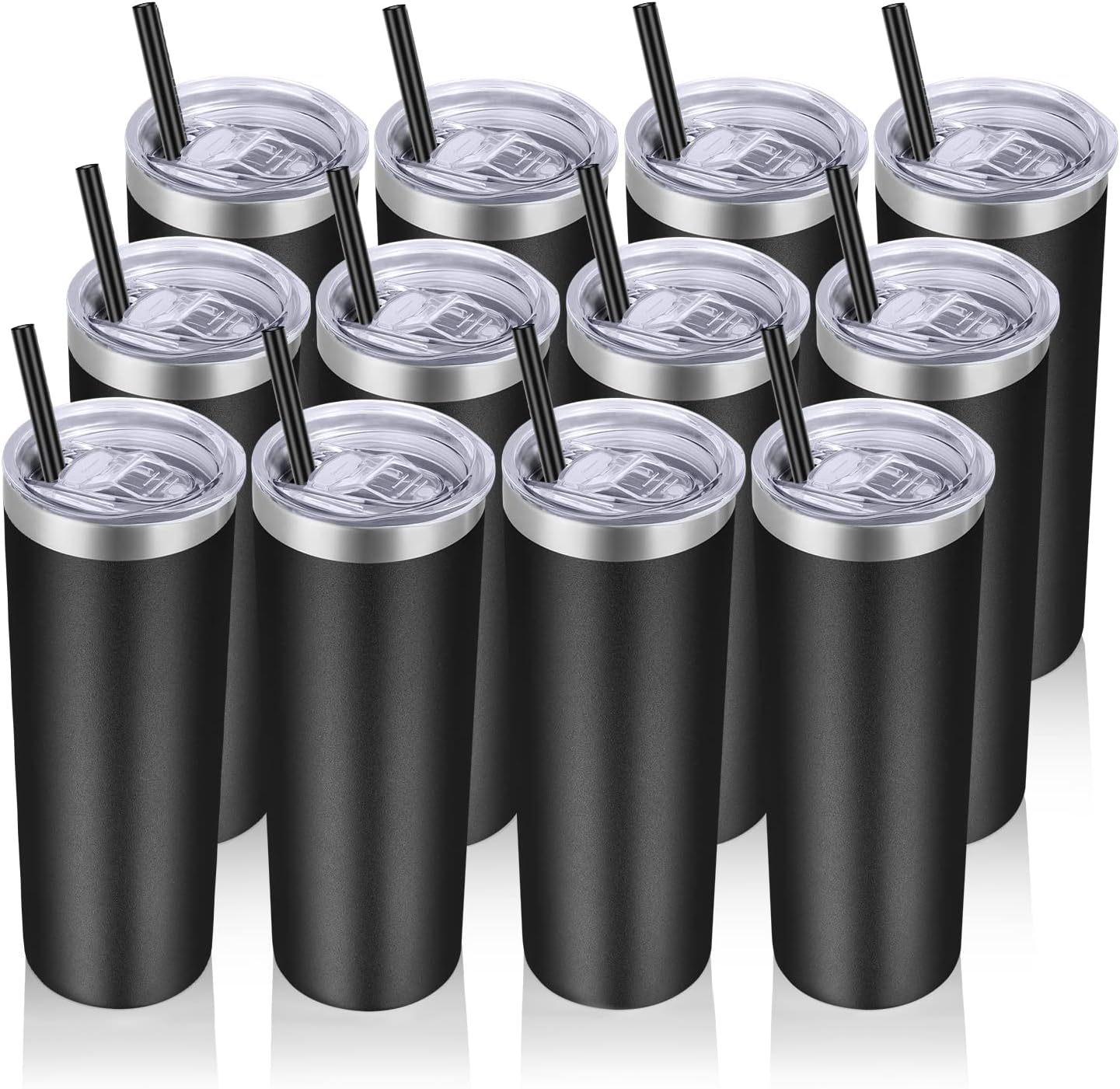 VEGOND Stainless Steel Skinny Tumblers Bulk 12 Pack, 20 oz Vacuum Insulated Tumblers with Lids and Straws, Double Wall Coffee Mug, Travel Water Cup, Matte Black
