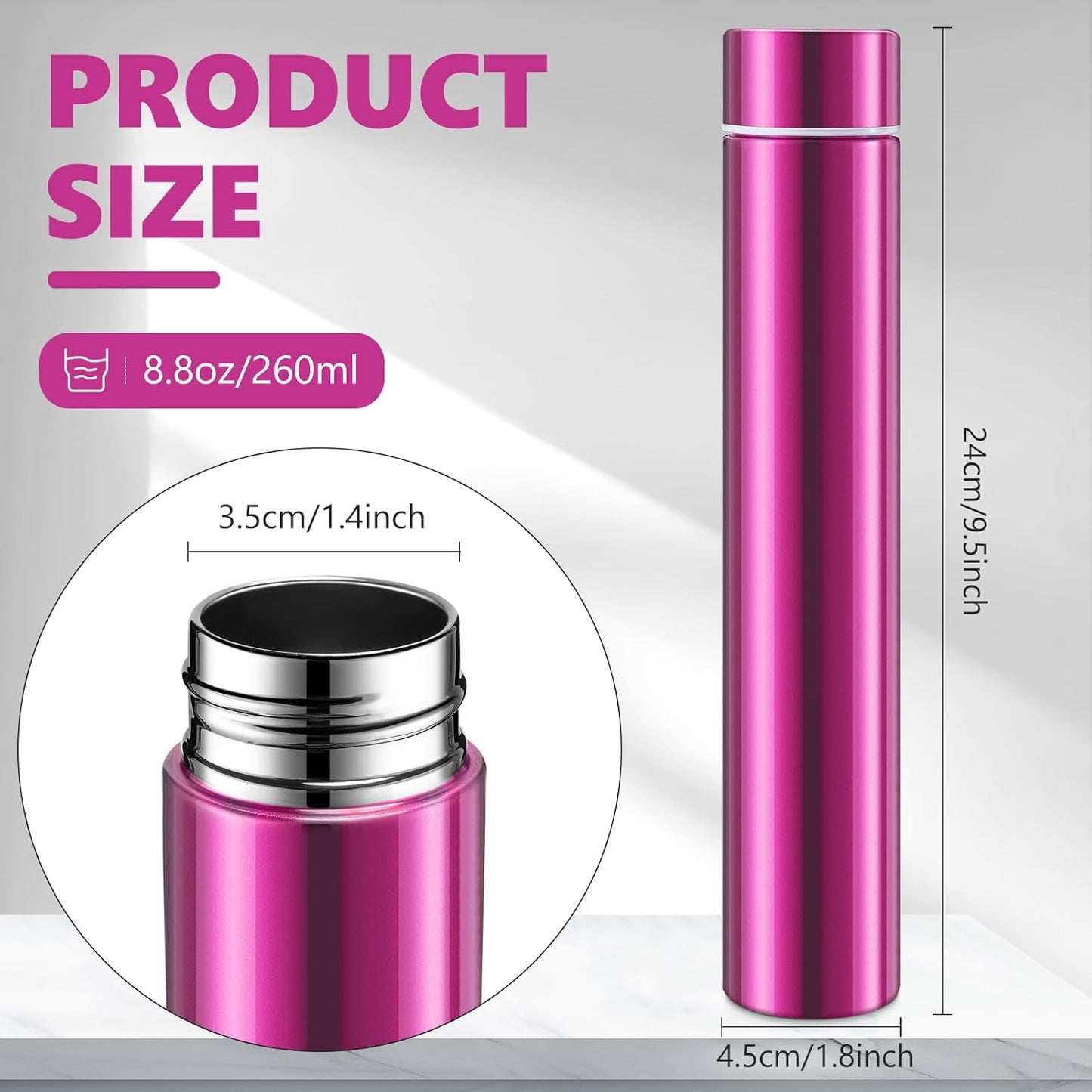 Vesici 1 Pack Slim Water Bottle 8.8 oz Small Stainless Steel Purse Compact Insulated Water Bottles Camping Travel Backpack Pocket Flask for Car Cold Coffee Tea (Hot Pink)