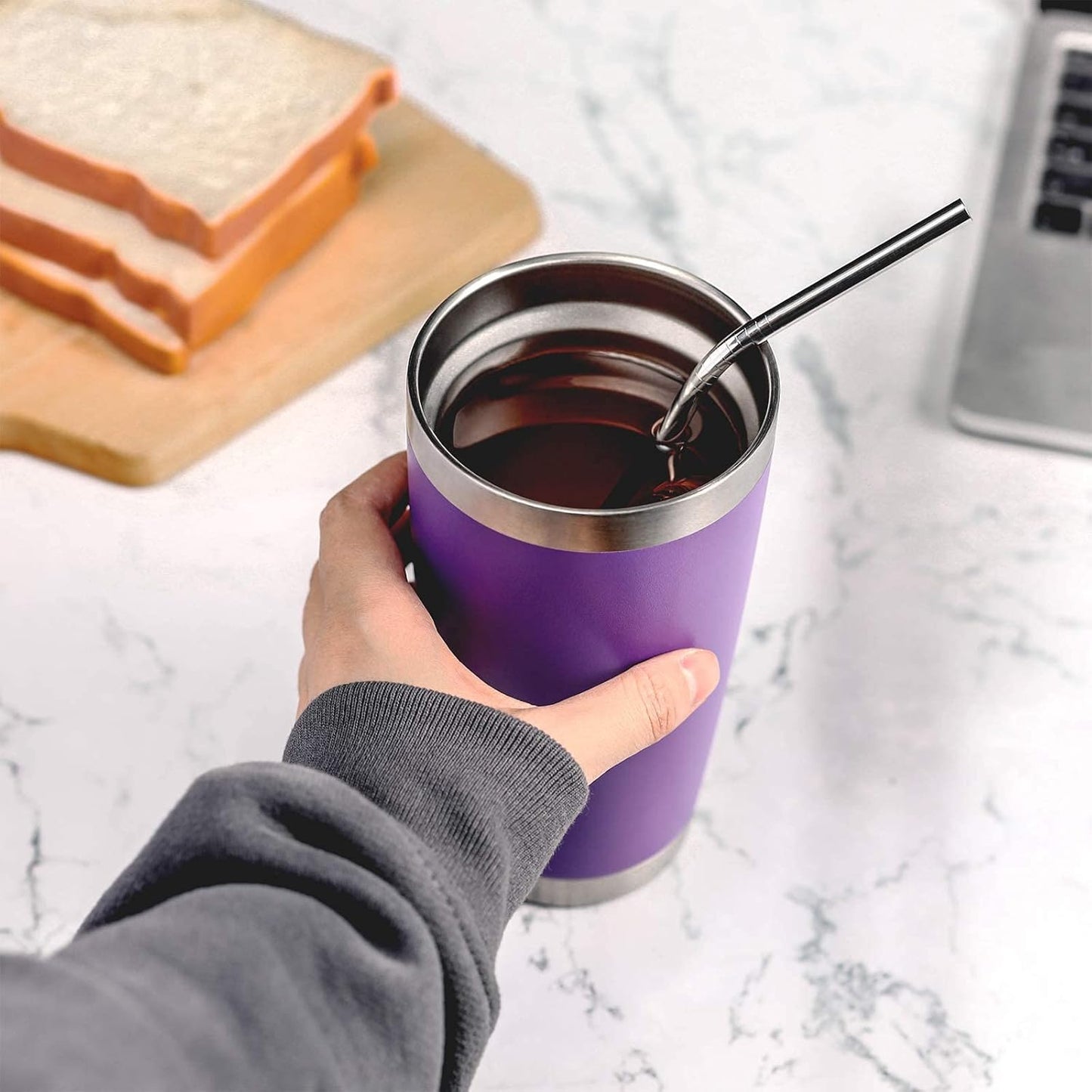 COMOOO 20oz Double Wall Vacuum Insulated Travel Mug, Stainless Steel Tumbler with Lid and Straw for Women Durable Powder Coated Insulated Coffee Cup for Cold & Hot Drinks(Purple, 1 Pack)