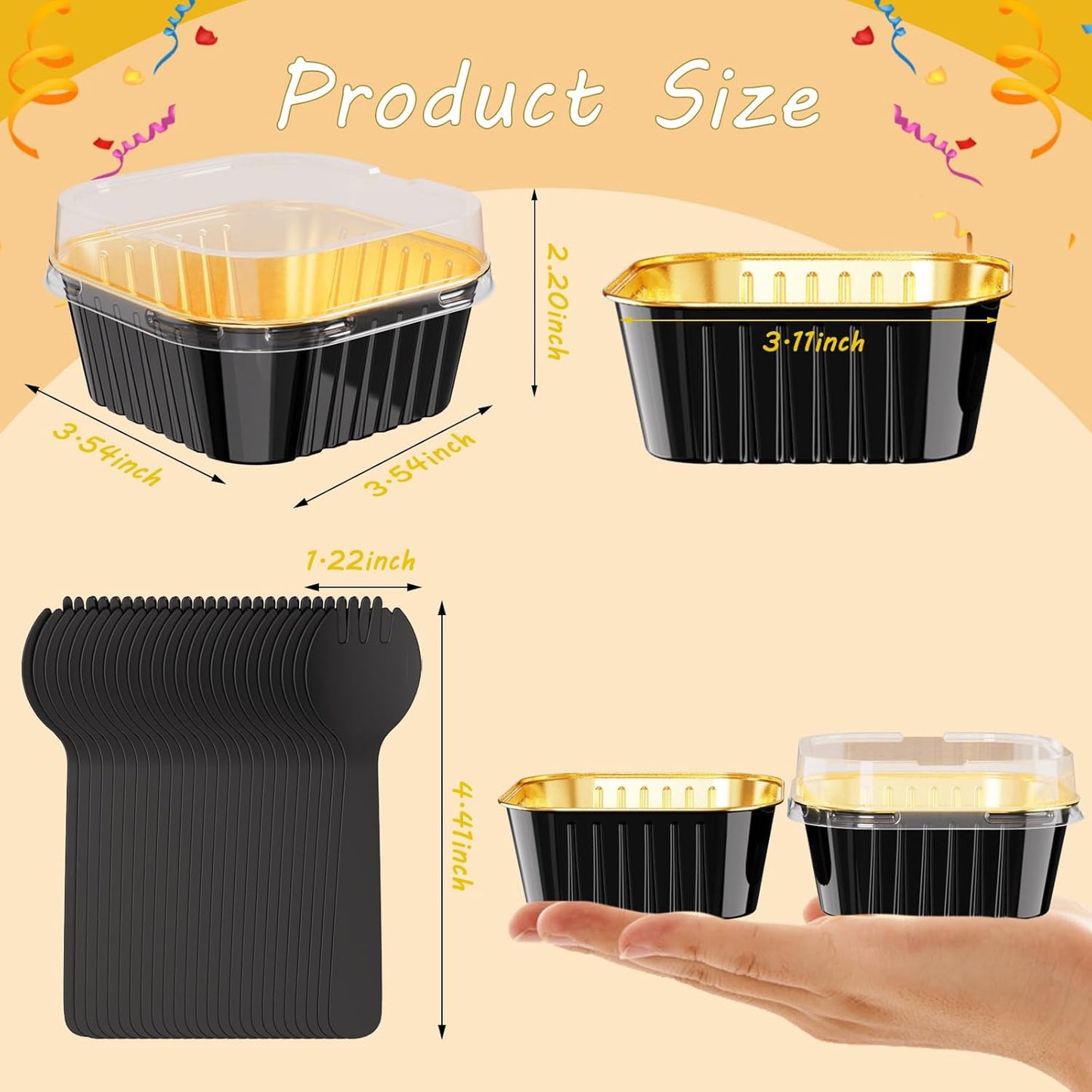 25 Pack Square Mini Cake Pans with Lids,Mini Loaf Pans with Lids,Aluminum Foil Baking Cups,Disposable Ramekins Cupcake Cups,Dessert Cups for Wedding Birthday Party,5oz (Black&Gold)