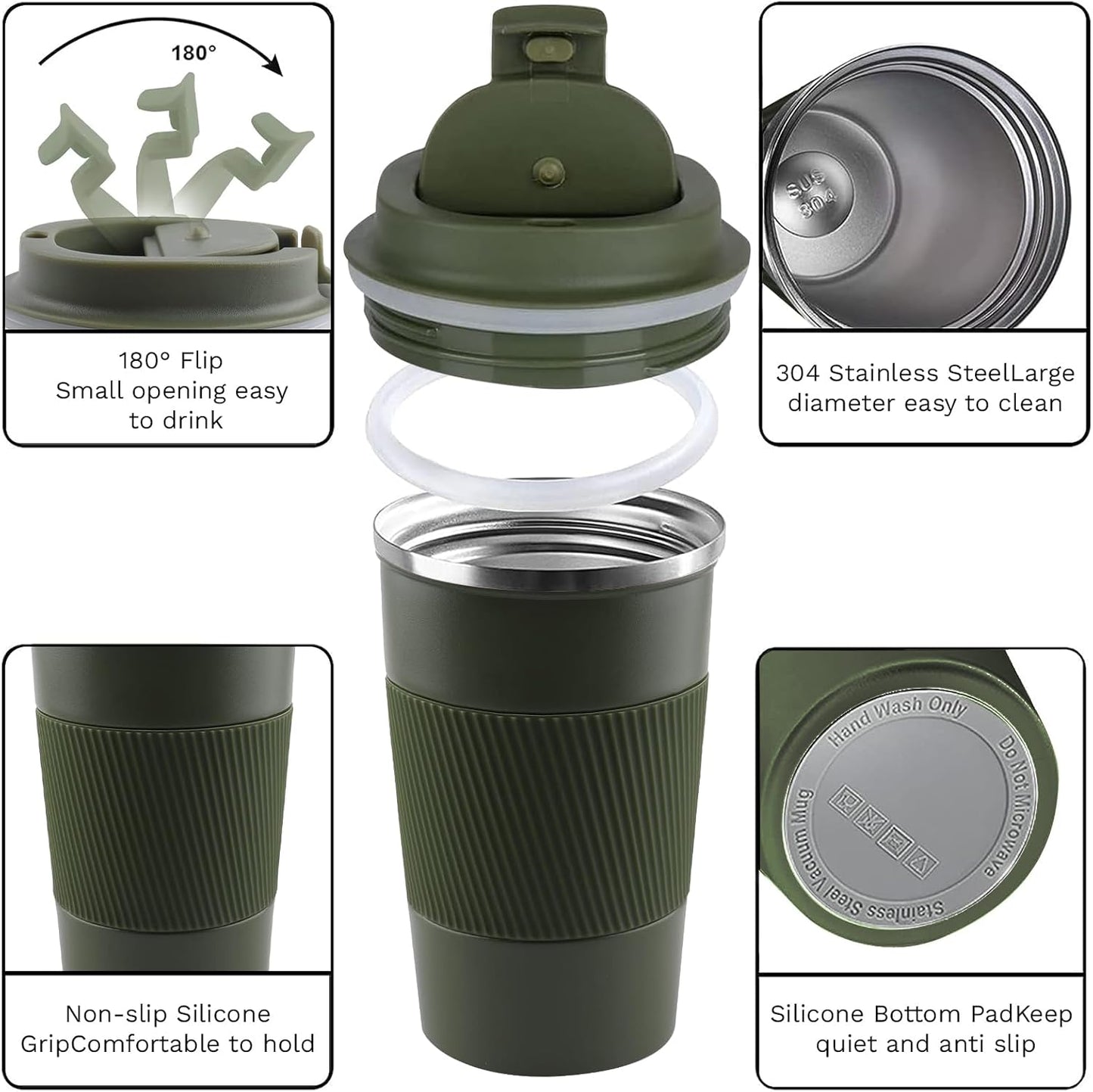 YINBAOGE Insulated Travel Coffee Mug Spill Proof Leak Proof Pobtable To Go Camping Stainless Steel Coffee Tumbler Reusable Coffee Cups with Lids Thermos for Hot and Cold Drink (Green, 12 OZ)