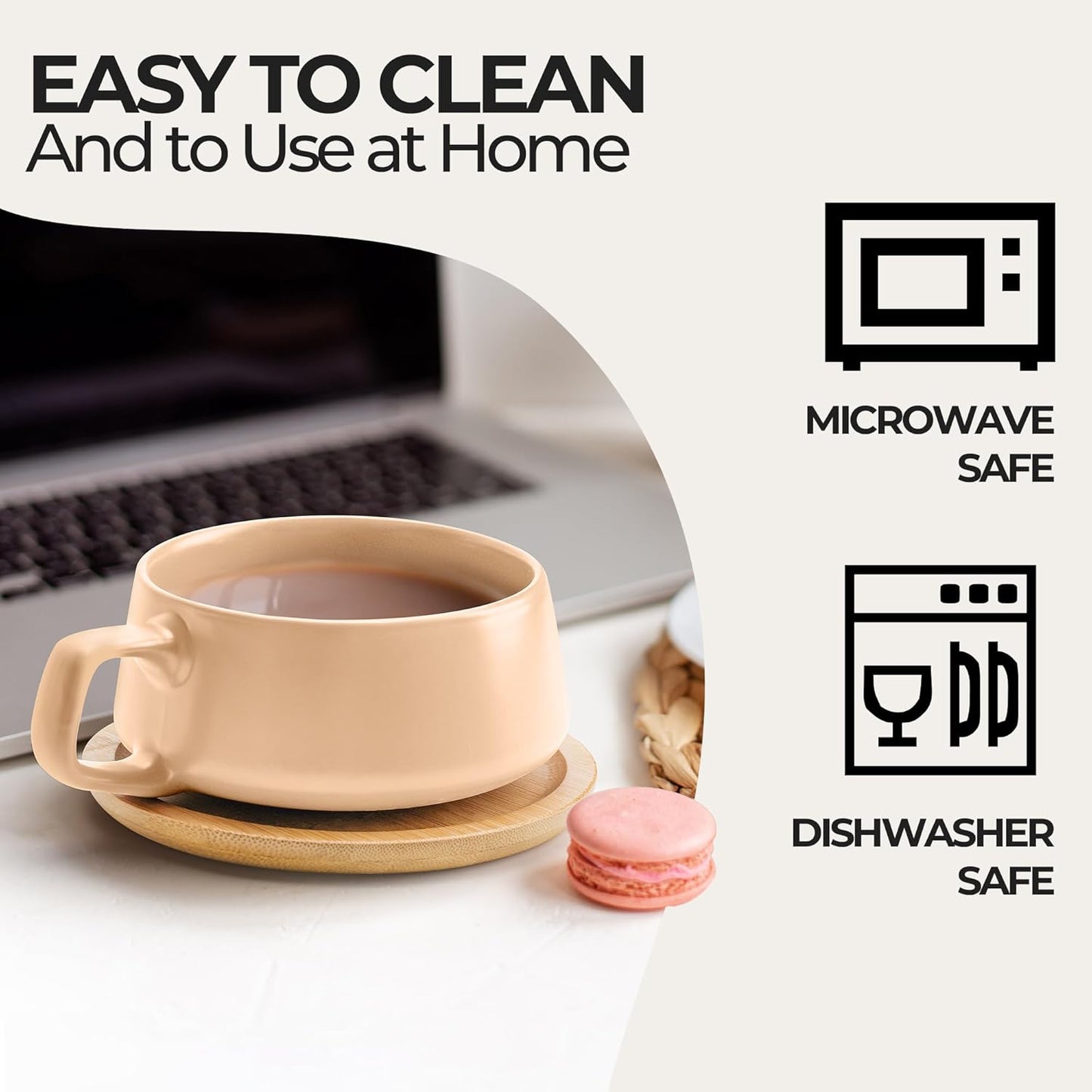 MIAMIO – 11 Oz., Set of 4 Ceramic Tea Cup and Saucer Bamboo/Tea Mug - Wide Cappuccino Cup, Coffee Cups Ceramic Mug for Cappuccino, Latte, Espresso & Americano - Luxe Collection (Beige Pastel)