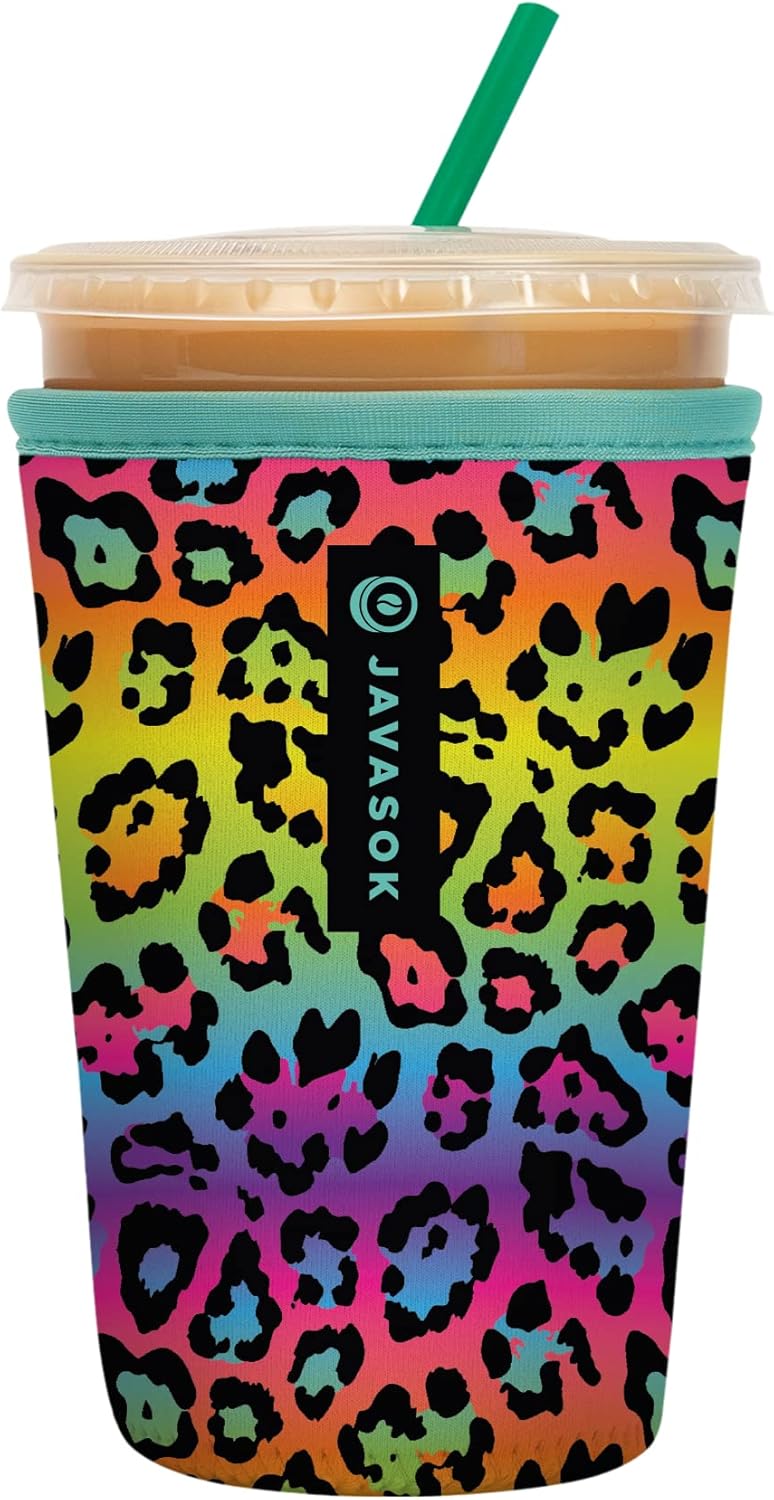 Sok It JavaSok Iced Coffee & Cold Soda Insulated Neoprene Cup Sleeve (Rainbow Leopard, Medium: 22-28oz)