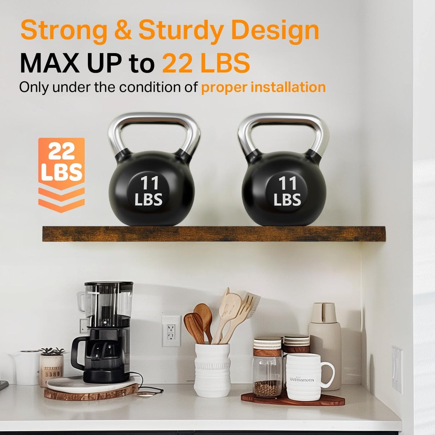 BAYKA Floating Shelves, 22.5 inch Rustic Wood Wall Mounted Shelves for Bedroom, Living Room, Kitchen & Office, Hanging Display Shelf with 22 lbs Capacity (Rustic Brown,Set of 2)