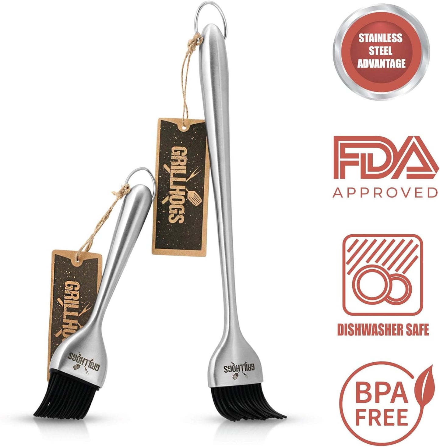 Kitchen Basting Brush, 18/0 Stainless Steel Set of 2 for Grilling & Cooking - 7.5 Inch Precision & 12 Inch Reach Grill Brushes with 480°F Heat Resistant Bristles - Silicone Brush, Pastry, BBQ Brush