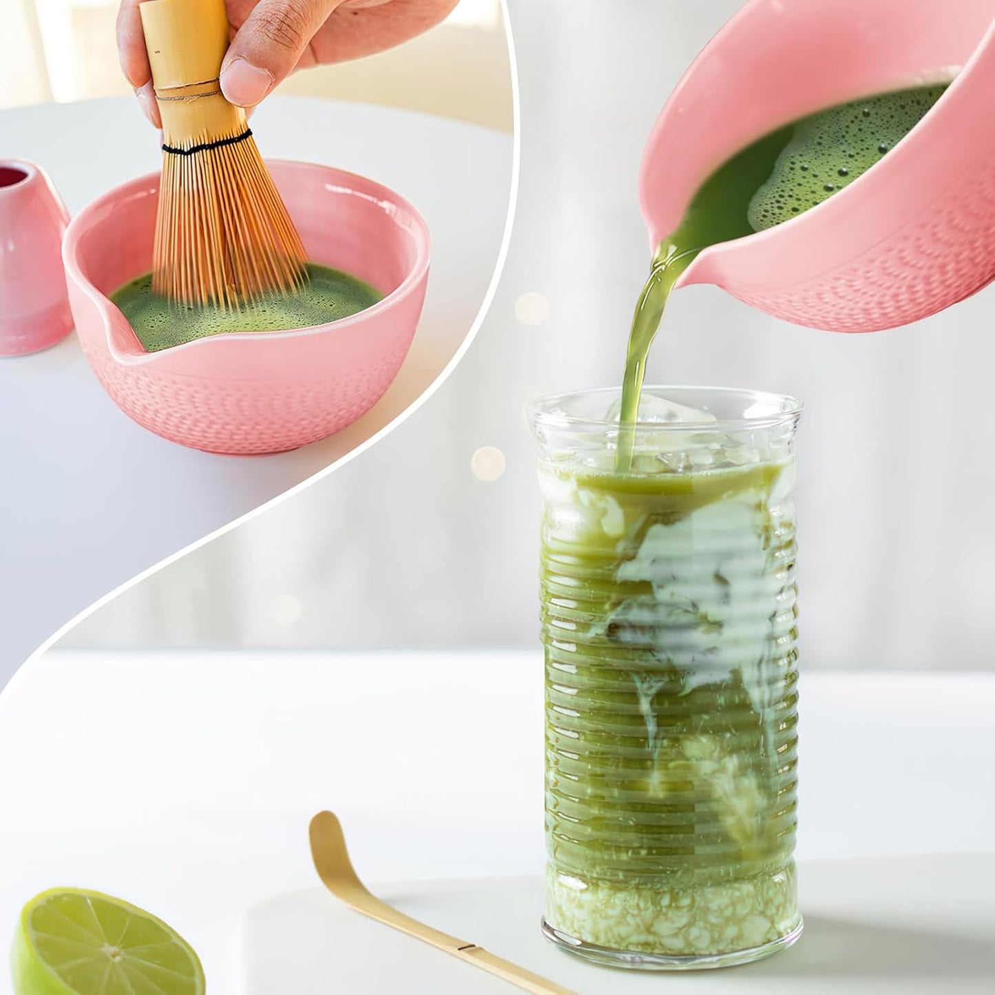 Matcha Whisk Set Pink, Ceramic Matcha Set Included Matcha Bowl with Spout, Matcha Whisk and Holder, Sifter, Bamboo Scoop, 5 Pcs Matcha Bowl and Whisk Kit for Matcha Lovers for Birthday Christmas