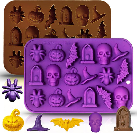Halloween Chocolate Mold Silicone,18 Cavity Candy Gummy Mold with Pumpkin Wizard Hat Bat Spider Tombstone for Baking Chocolate Jelly Gummy Dessert (2pcs)