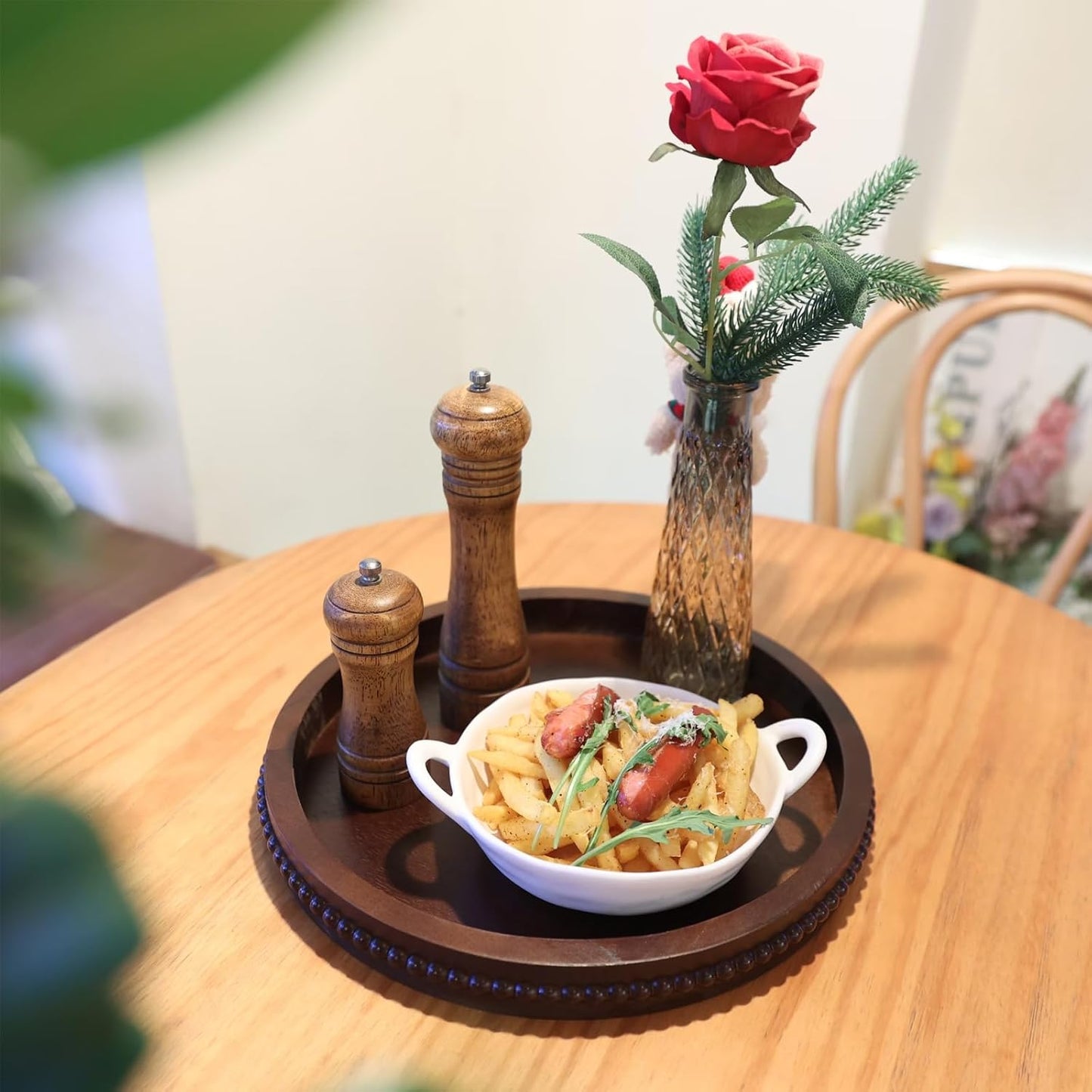 Wood Decorative Serving Tray with Bead, Round Vintage Wooden Ottoman Tray for Home Centerpiece, Counter Organizer, 13” Circle Tray for Kitchen, Living Room (Dark Brown)