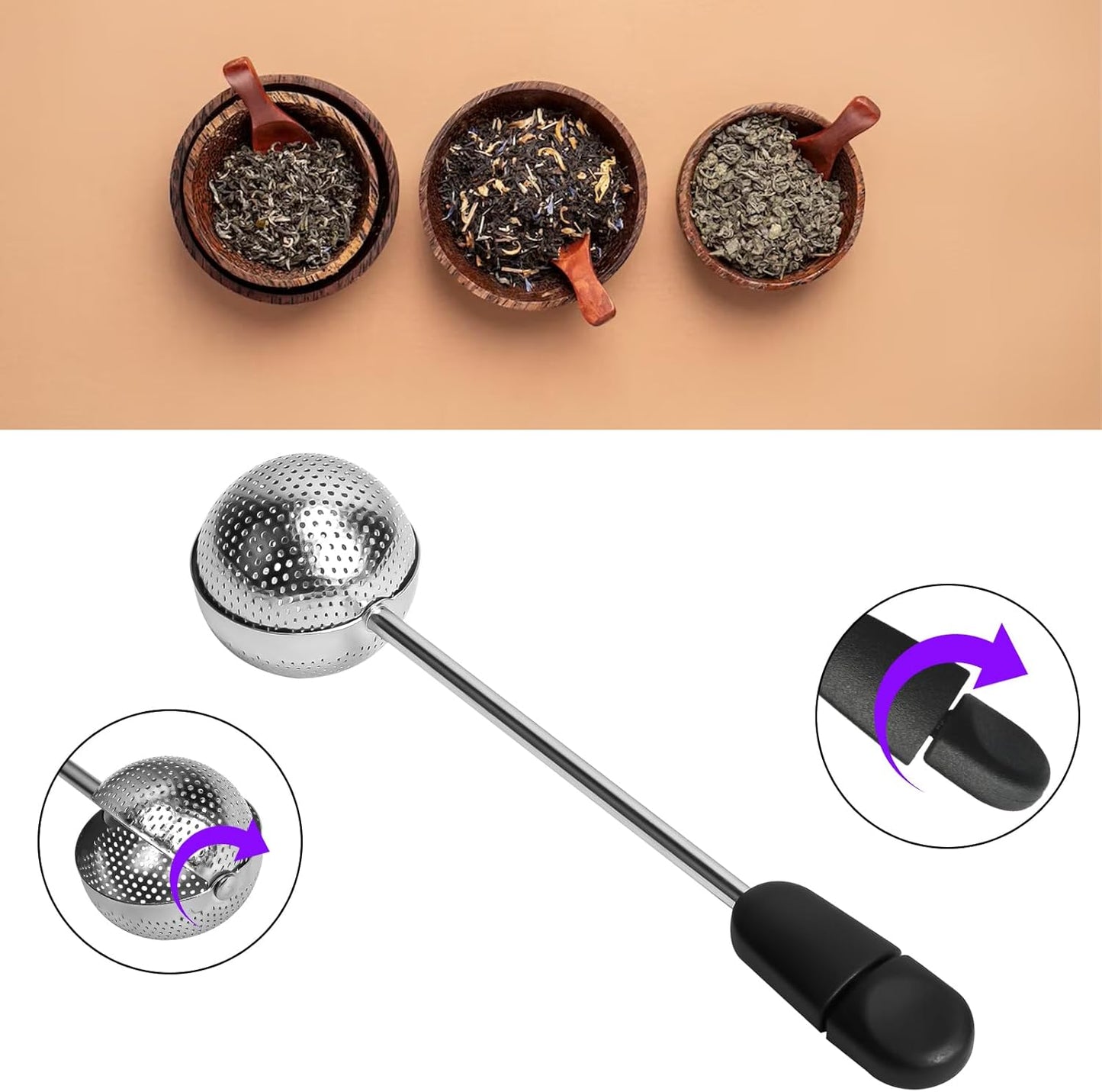 Numola Long Handle Twisting Tea Ball, 2Pcs Tea Ball Infuser for Loose Tea, Reusable Loose Leaf Tea Steeper Stainless Steel for Cup and Teapot