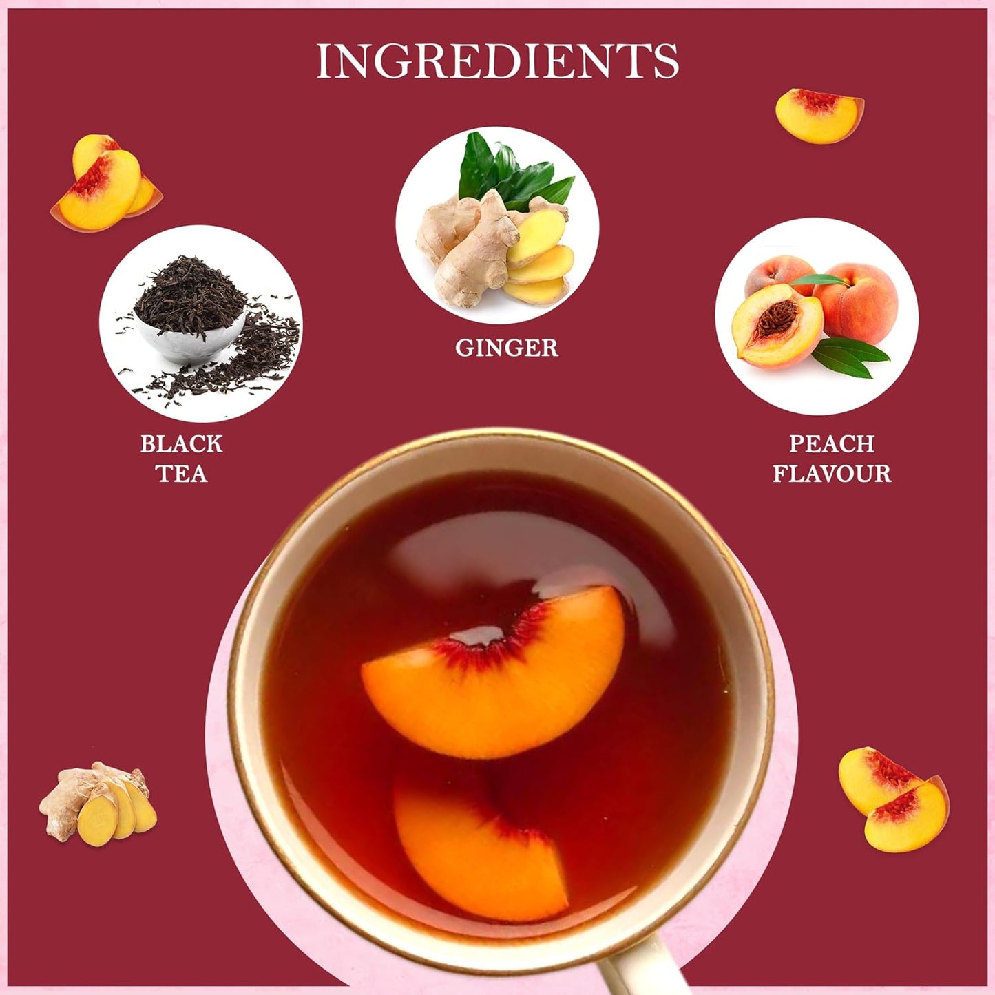 Tealeaf & Co. Peach Ginger Tea Blended with Organic Spices - Organic Black Tea Bags with Ginger & Peach Flavor - Flavored Blend with Low Caffeine - Gluten Free - 50 Teabags