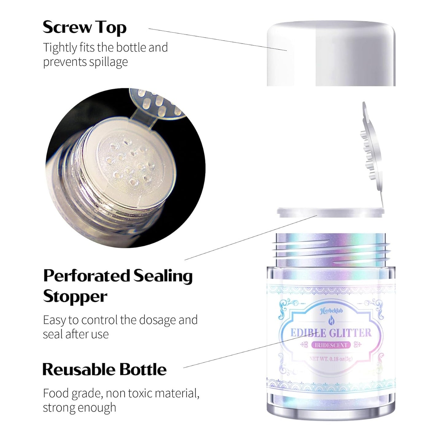 Iridescent Edible Glitter for Cocktails - Herbeklab Rainbow Luster Dust Edible Iridescent Drink Glitter Food Grade Shimmer Powder for Beverage Chocolate, 5g