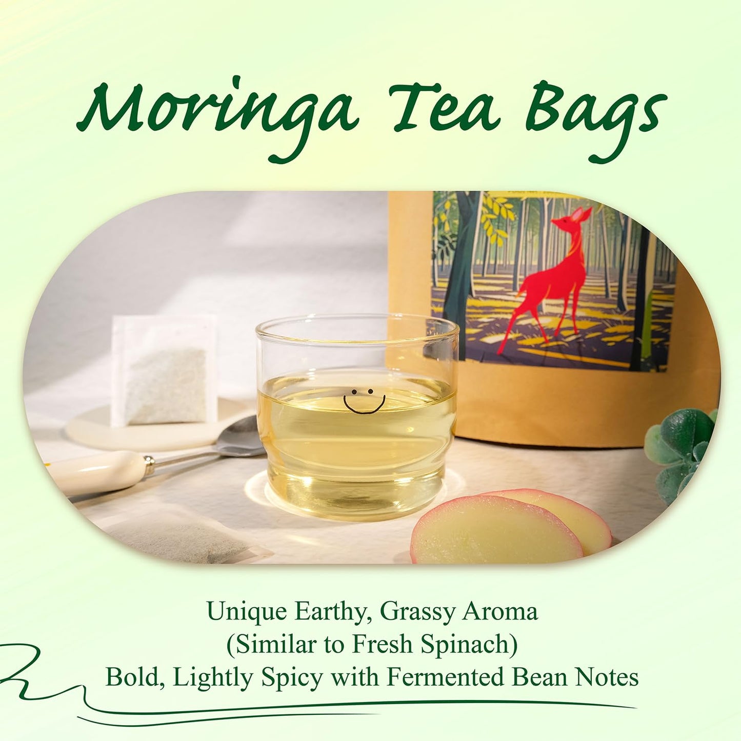 WT WEETEE Moringa Tea Bags 100 Count, 100% Pure Dried Moringa Leaves, Caffeine Free Nutrient-Dense Herbal Tea, Earthy Spinach Aroma & Bold Fermented Bean-Like Flavor